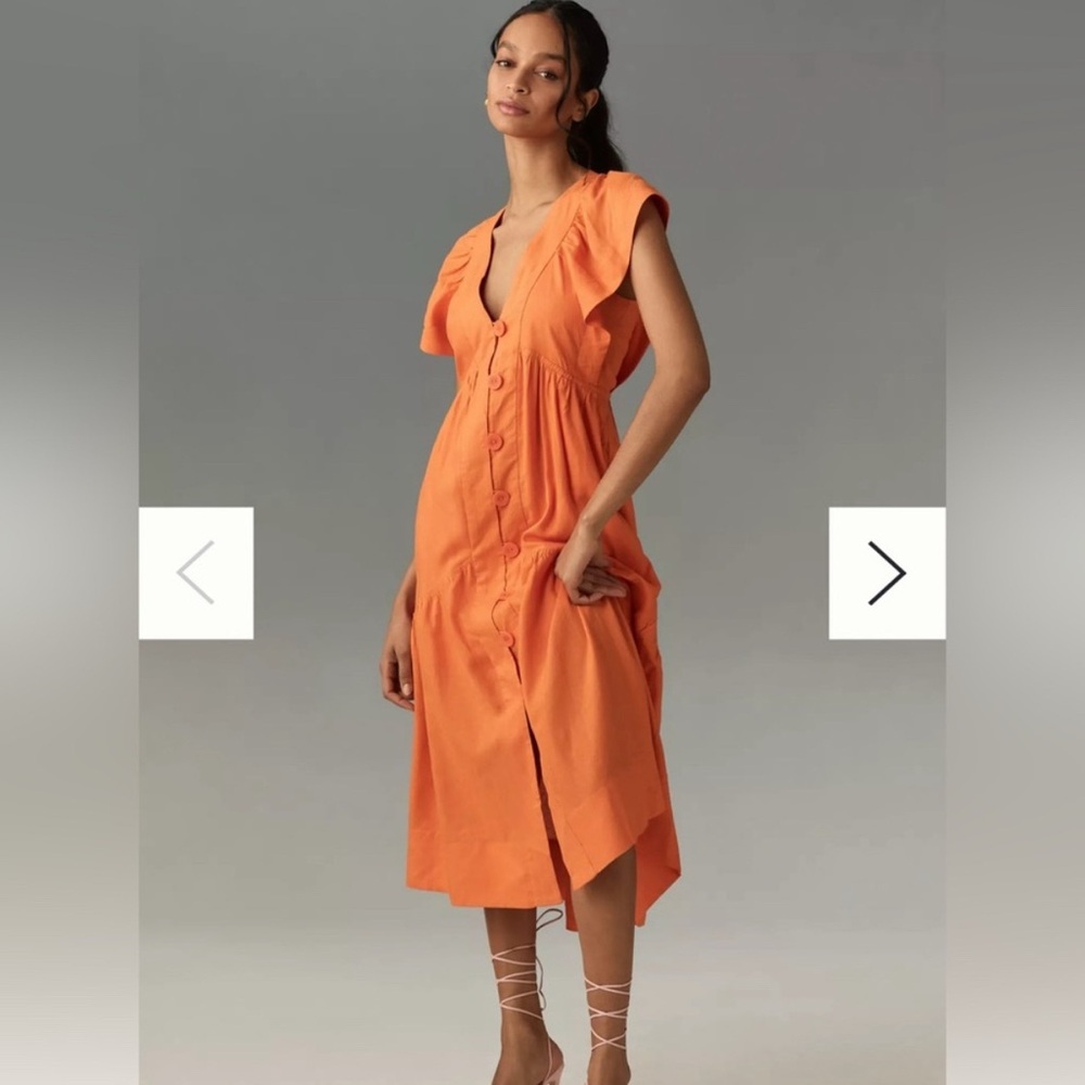 Anthropologie Reneé Flutter-Sleeve Linen Button-Front Midi Dress